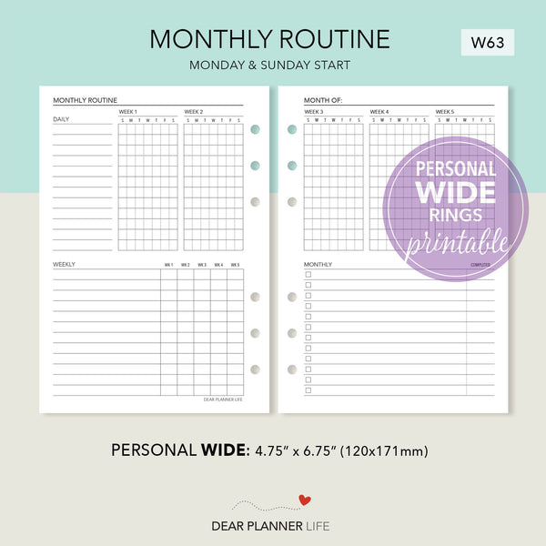 Monthly Routine Tracker (Personal WIDE) Printable PDF : W-63