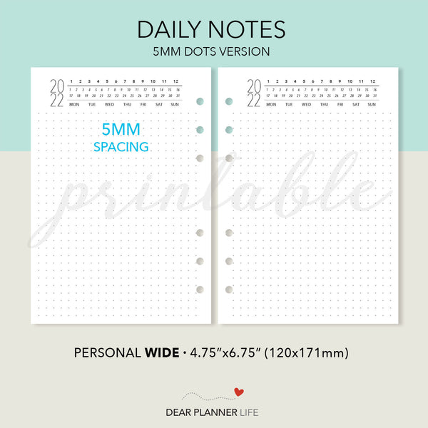 Daily Notes with Year header (Pers WIDE) Printable PDF : W65