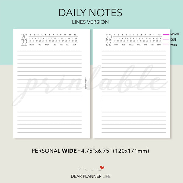 Daily Notes with Year header (Pers WIDE) Printable PDF : W65