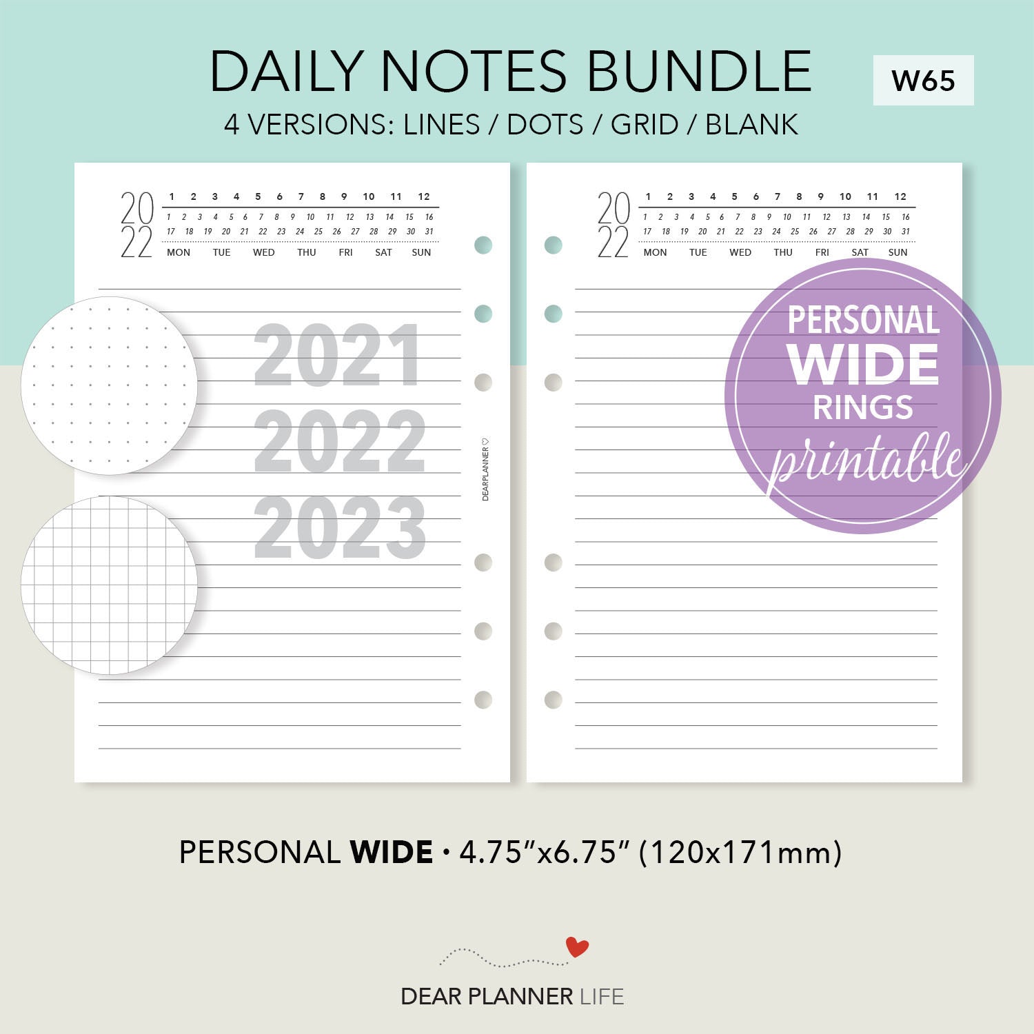 Daily Notes with Year header (Pers WIDE) Printable PDF : W65