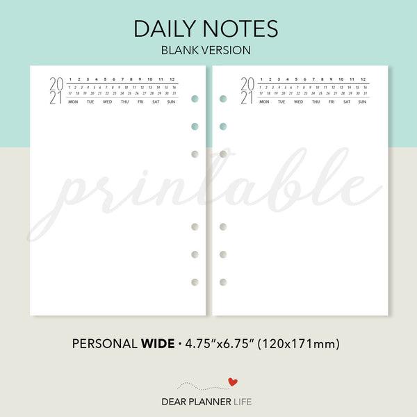 Daily Notes with Year header (Pers WIDE) Printable PDF : W65