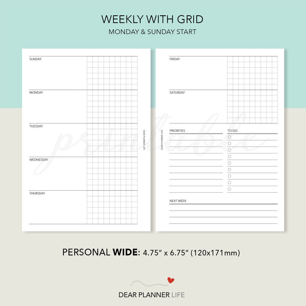 Horizontal Weekly with Grid (Pers WIDE) Printable PDF : W-66