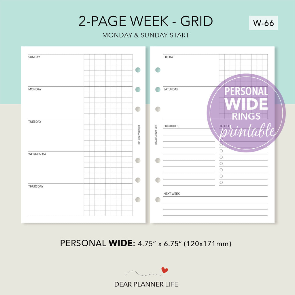 Horizontal Weekly with Grid (Pers WIDE) Printable PDF : W-66 ...