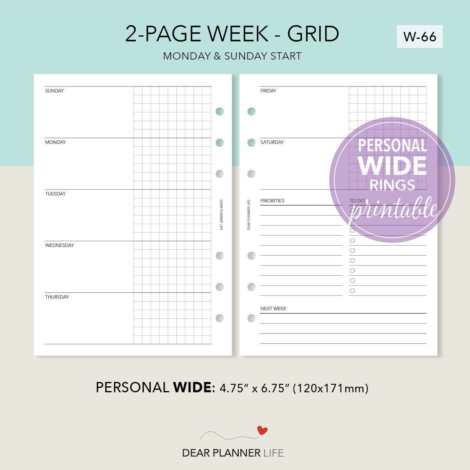 Horizontal Weekly with Grid (Pers WIDE) Printable PDF : W-66