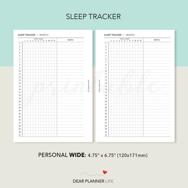 Sleep Duration Tracker (Personal WIDE) Printable PDF : W-71