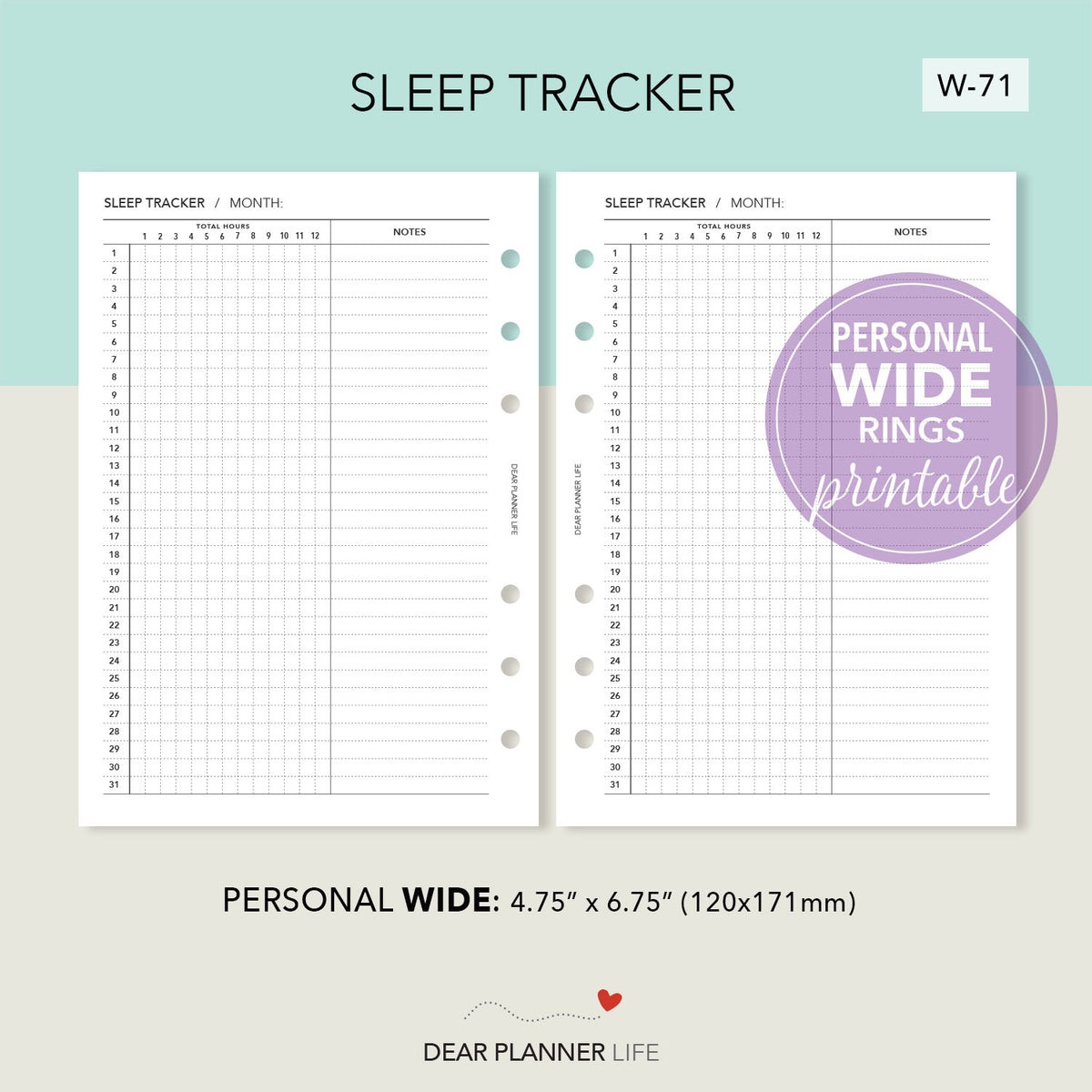 Sleep Duration Tracker (Personal WIDE) Printable PDF : W-71 ...