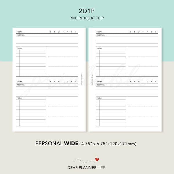 2 Days on 1 Page Priorities on Top (Personal WIDE) Printable PDF : W-73