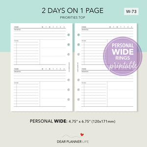 2 Days on 1 Page Priorities on Top (Personal WIDE) Printable PDF : W-73