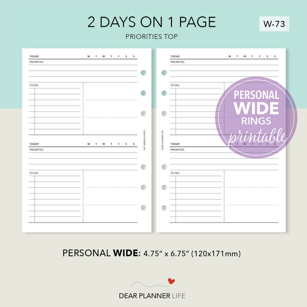 2 Days on 1 Page Priorities on Top (Personal WIDE) Printable PDF : W-73