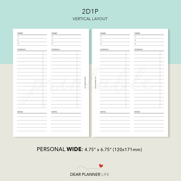 2 Days on 1 Page Vertical Layout (Personal WIDE) Printable PDF : W-74