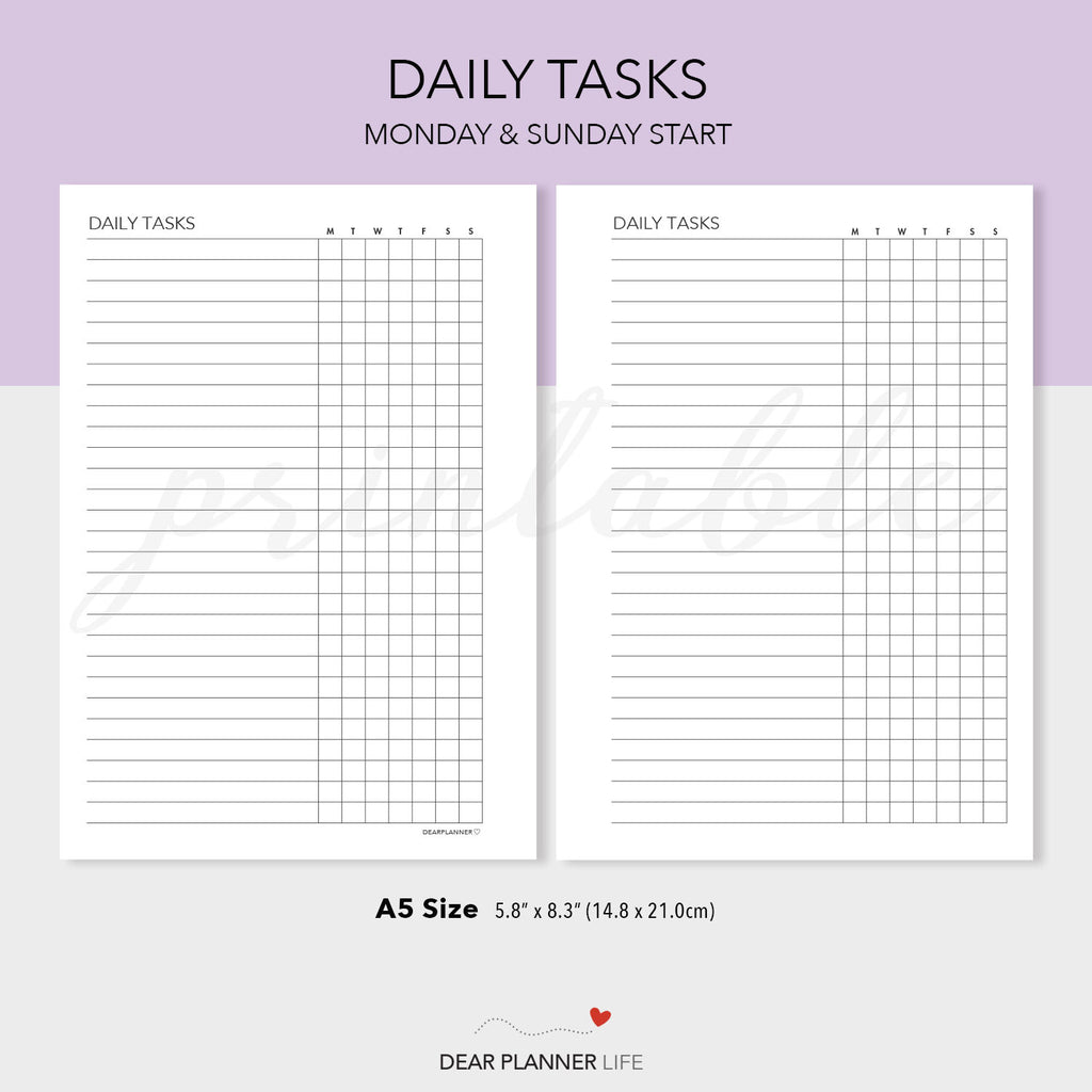 Printable Daily Task Tracker Pdf Daily Tasks Tracker (A5 Size) PDF Printable (A5-01) – DearPlannerLife