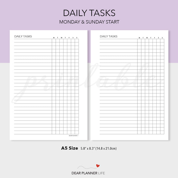 Daily Tasks Tracker (A5 Size) PDF Printable (A5-01)