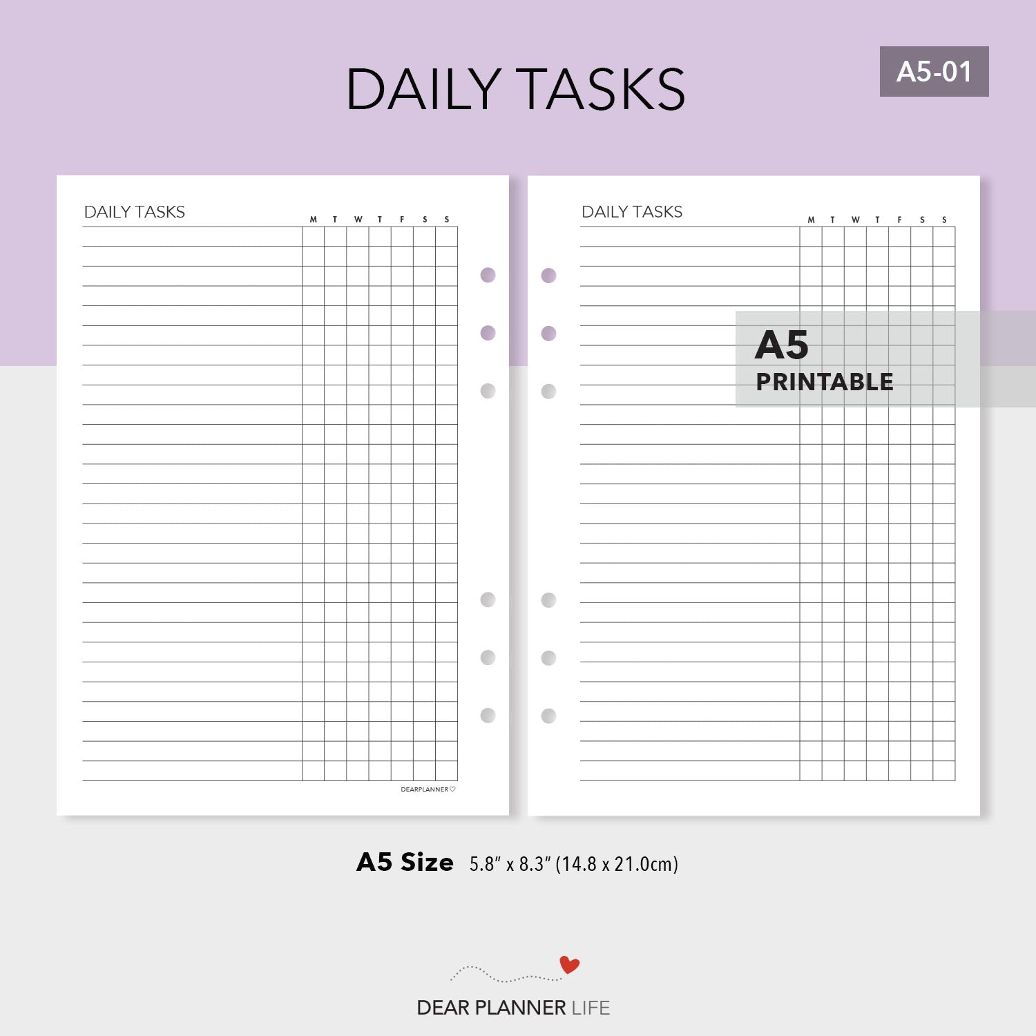 Daily Tasks Tracker (A5 Size) PDF Printable (A5-01)