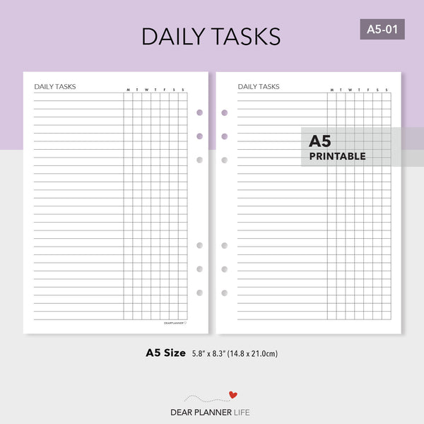 Daily Tasks Tracker (A5 Size) PDF Printable (A5-01)