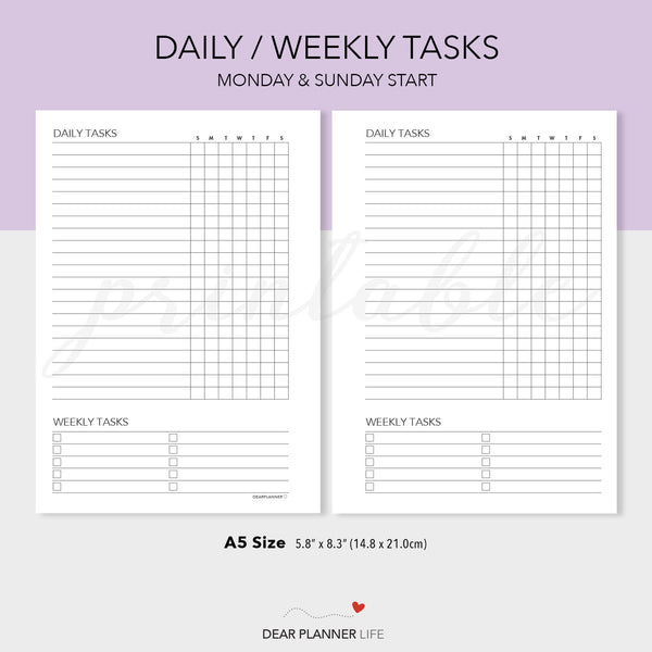 Daily/Weekly Tasks Tracker (A5 Size) PDF Printable (A5-02)