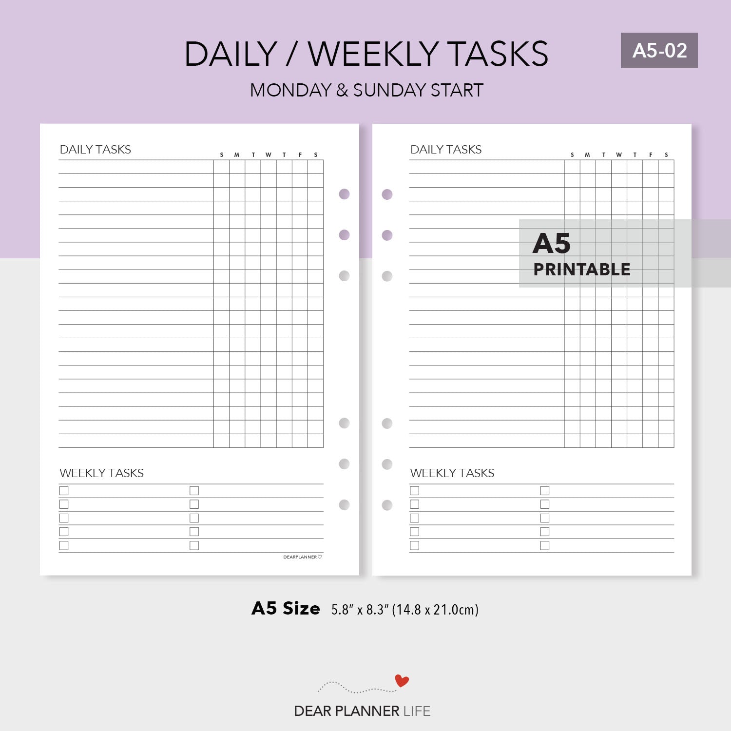 Daily/Weekly Tasks Tracker (A5 Size) PDF Printable (A5-02)