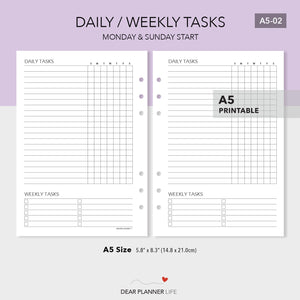 Daily/Weekly Tasks Tracker (A5 Size) PDF Printable (A5-02)