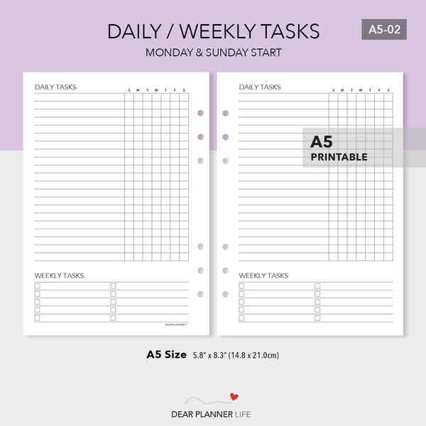 Daily/Weekly Tasks Tracker (A5 Size) PDF Printable (A5-02)