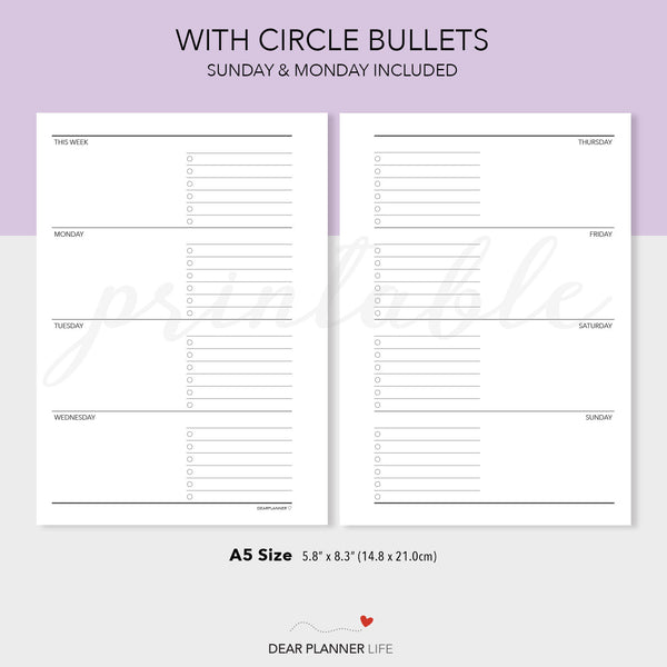 Horizontal Week on 2 Pages (A5 Size) PDF Printable (A5-04)