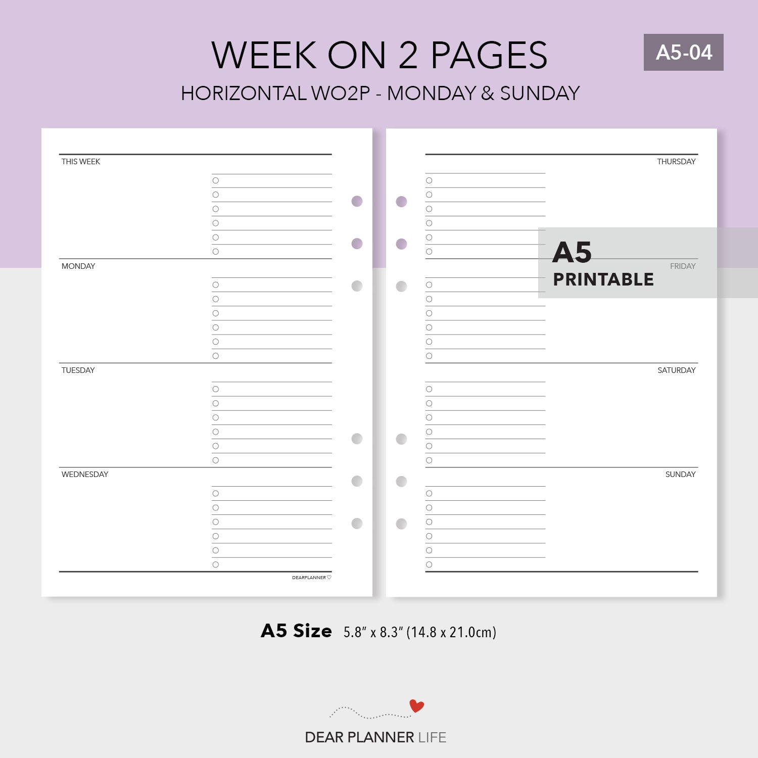 Horizontal Week on 2 Pages (A5 Size) PDF Printable (A5-04)