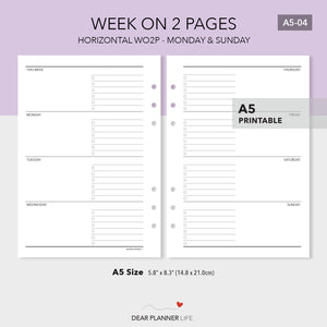 Horizontal Week on 2 Pages (A5 Size) PDF Printable (A5-04)