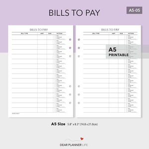 Bills To Pay Page (A5 size) PDF Printable (A5-05)