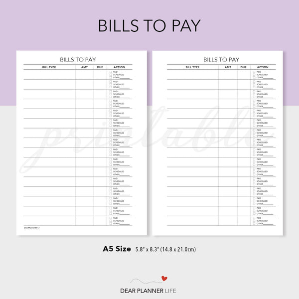 Bills To Pay Page (A5 size) PDF Printable (A5-05)