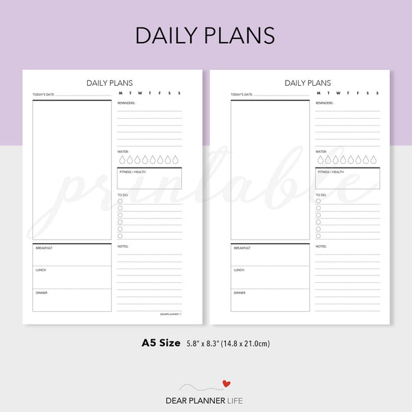 Daily Plans / Day on 1 Page PDF Printable (A5-06)