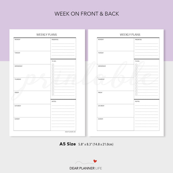 Undated Week on 1 Page Template (A5 Size) - PDF Printable (A5-07)