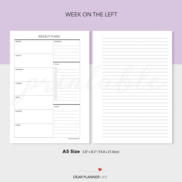 Undated Week on 1 Page Template (A5 Size) - PDF Printable (A5-07)