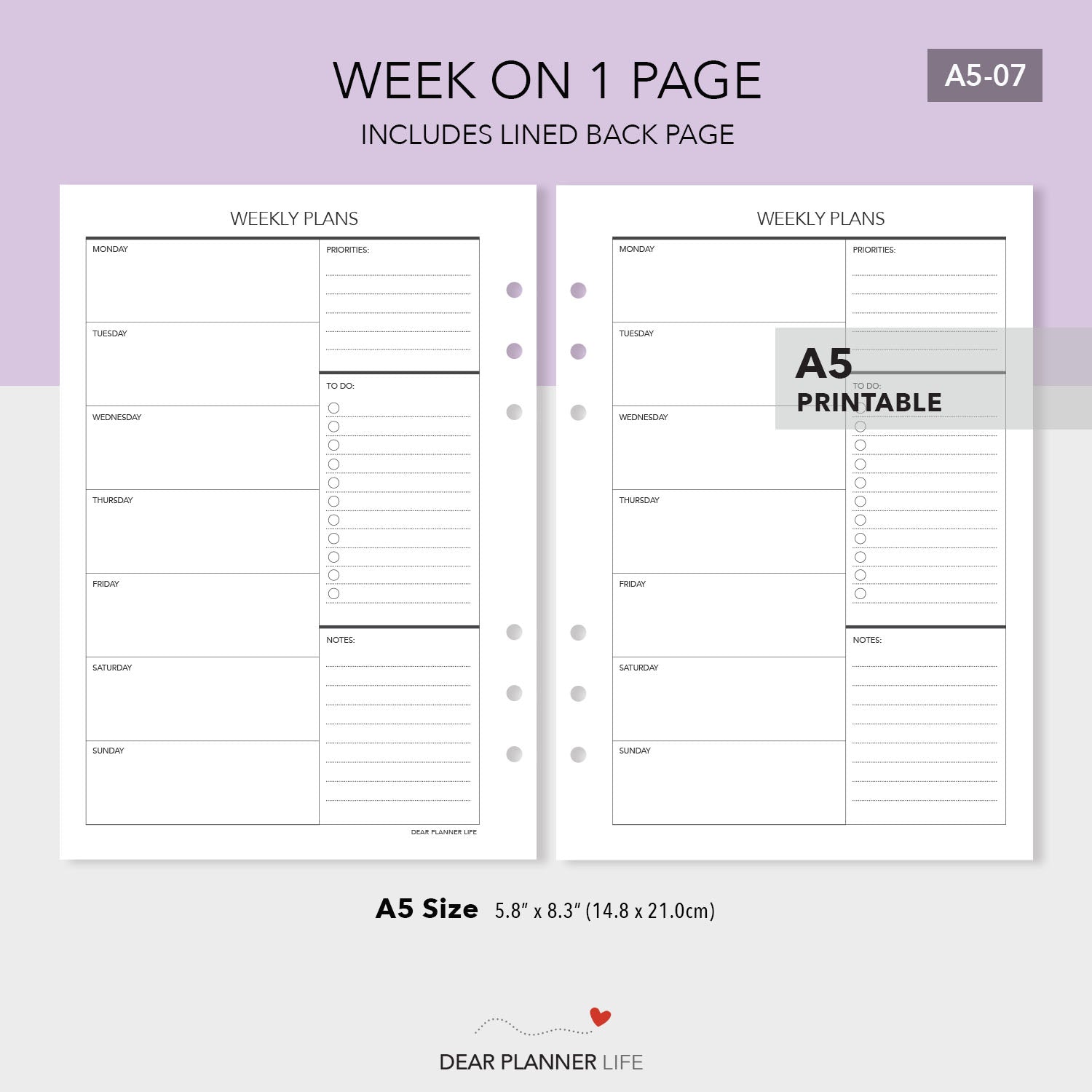 Undated Week on 1 Page Template (A5 Size) - PDF Printable (A5-07)