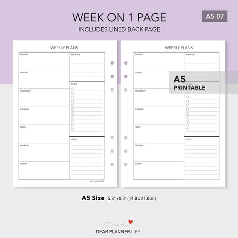 Undated Week on 1 Page Template (A5 Size) - PDF Printable (A5-07)