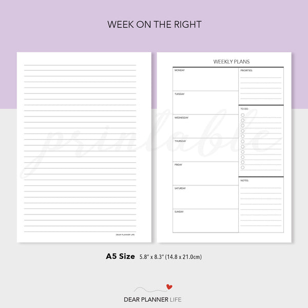 Undated Week on 1 Page Template (A5 Size) - PDF Printable (A5-07)