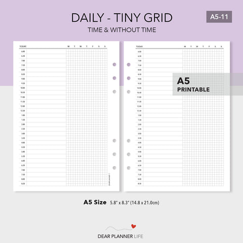 Daily Page with Tiny Grid / Day on 1 Page PDF Printable (A5-11)