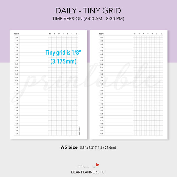 Daily Page with Tiny Grid / Day on 1 Page PDF Printable (A5-11)