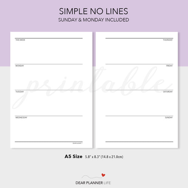 Simple Horizontal Week on 2 Pages (A5 Size) - PDF Printable (A5-13)