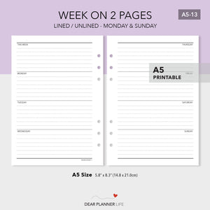 Simple Horizontal Week on 2 Pages (A5 Size) - PDF Printable (A5-13)