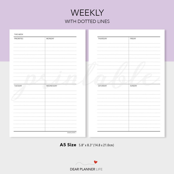 Week on 2 Pages, Vertical Quadrant Layout - PDF Printable (A5-14)