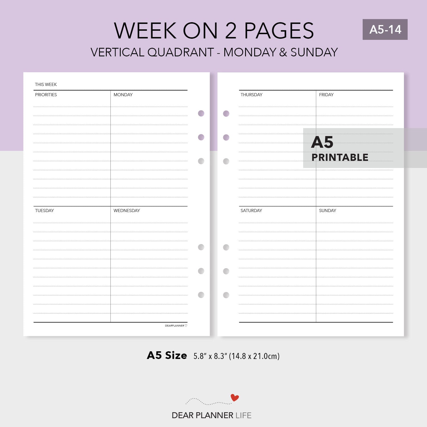 Week on 2 Pages, Vertical Quadrant Layout - PDF Printable (A5-14)