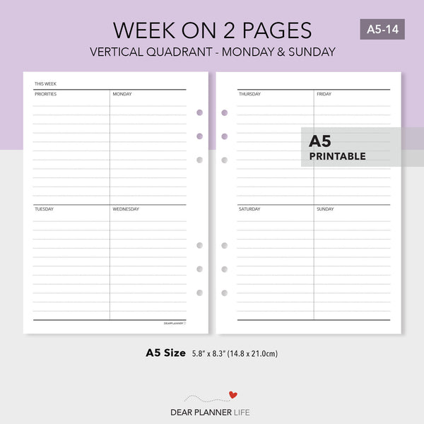 Week on 2 Pages, Vertical Quadrant Layout - PDF Printable (A5-14)