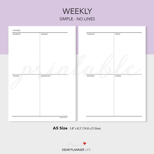 Week on 2 Pages, Vertical Quadrant Layout - PDF Printable (A5-14)