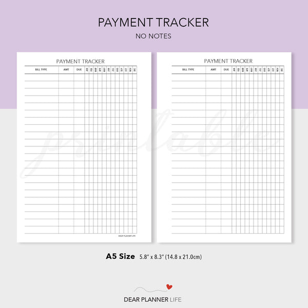 Payment Tracker (A5 Size) PDF Printable (A5-15)