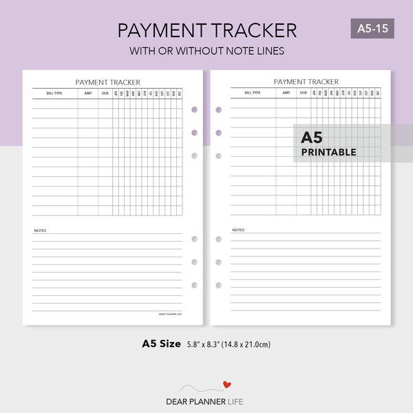 Payment Tracker (A5 Size) PDF Printable (A5-15)