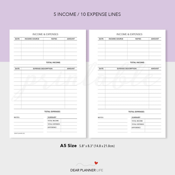 Income & Expense Tracker (A5 size) PDF Printable (A5-16)