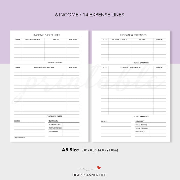 Income & Expense Tracker (A5 size) PDF Printable (A5-16)