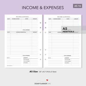 Income & Expense Tracker (A5 size) PDF Printable (A5-16)