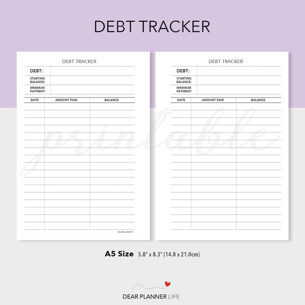 Debt Tracker (A5 Size) PDF Printable (A5-20)