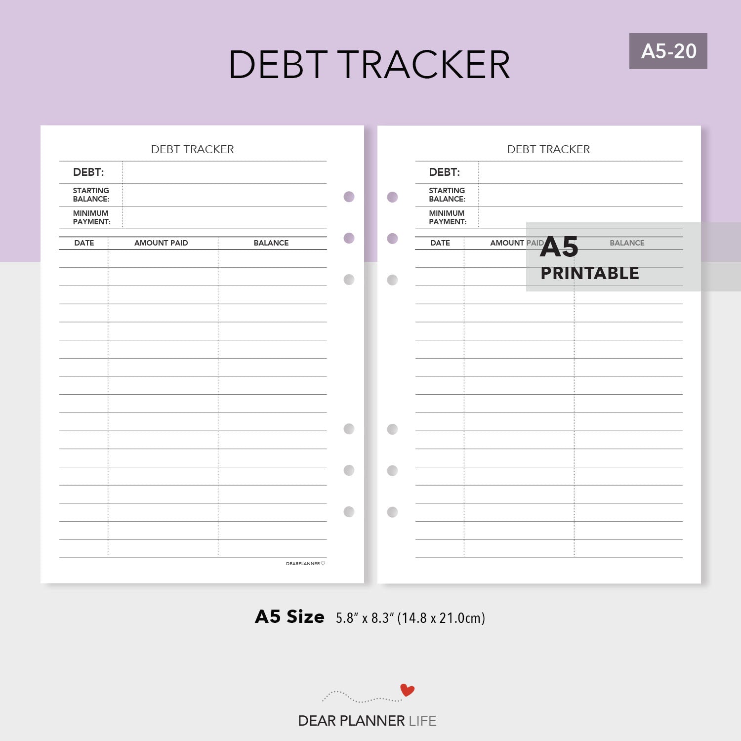 Debt Tracker (A5 Size) PDF Printable (A5-20)