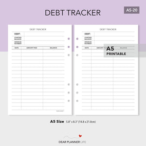 Debt Tracker (A5 Size) PDF Printable (A5-20)