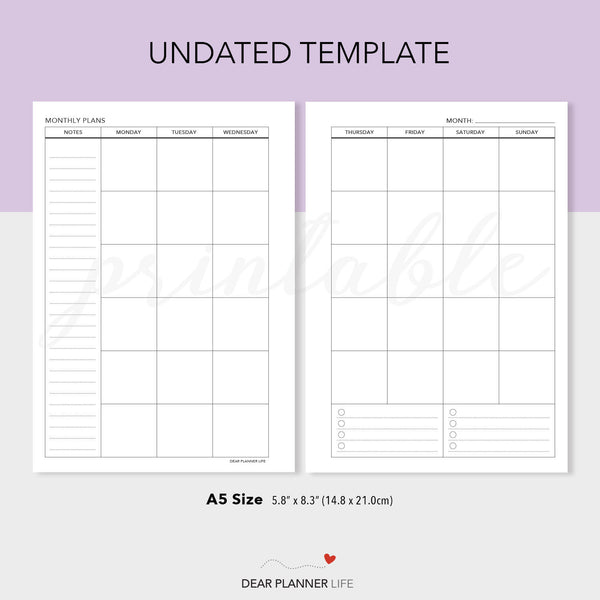 Undated Monthly Template (A5 Size) PDF Printable (A5-22.25)